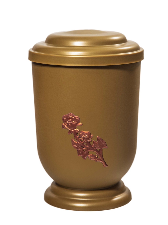 Pohřební Plastová urna na popel, oválné oblé víčko, zlatá, bez štítku, růže