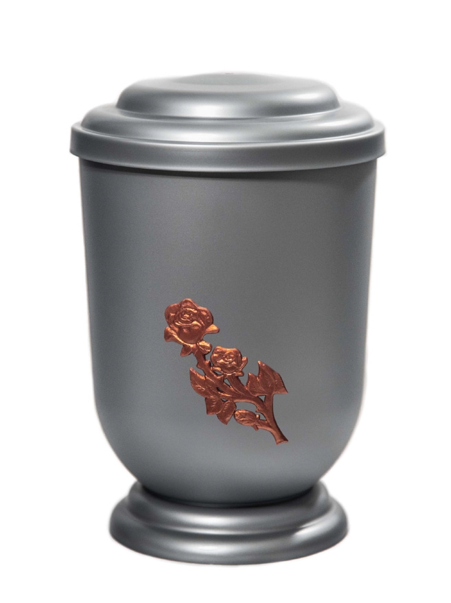 Pohřební Plastová urna na popel, oválné oblé víčko, stříbrná, bez štítku, růže