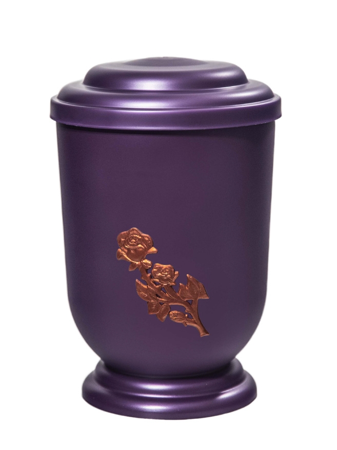 Pohřební Plastová urna na popel, oválné oblé víčko, fialová, bez štítku, růže