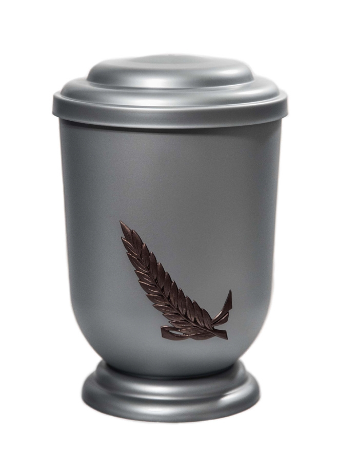 Pohřební Plastová urna na popel, oválné oblé víčko, stříbrná, bez štítku, snítka