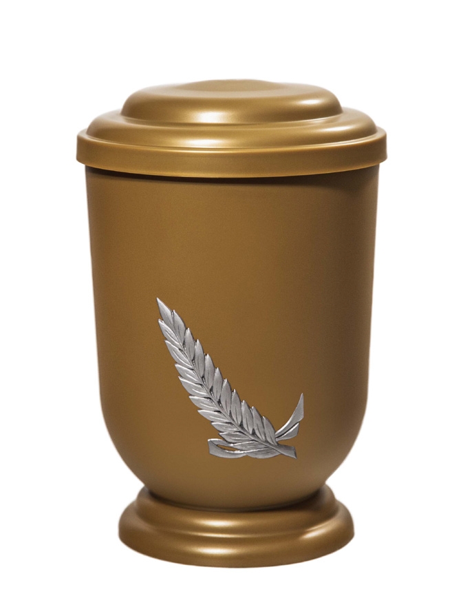 Pohřební Plastová urna na popel, oválné oblé víčko, zlatá, bez štítku, snítka